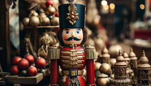 A Christmas Nutcracker Soldier Is In Front Of Christmas Decoration, Winter, Gifts, Santa Claus