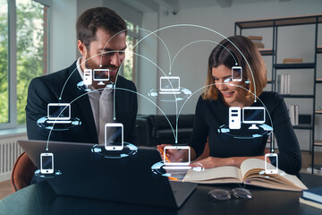 Wall Mural - thoughtful businesspeople typing on laptop at office workplace. concept of team work, business educa