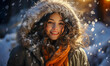 a woman in winter, she is warm and cold, it is snowing, she is smiling and happy.