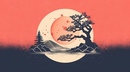 Spherical ancient tree sunset symbol vector painting wallpaper image AI generated art