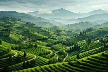 Wall Mural - Green tea plantation in the mountains of china, AI