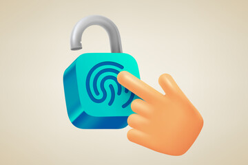 Aufkleber - Hand pressing on padpock. Unlocking with fingerprint. 3d vector illustration