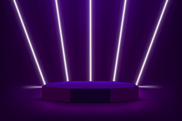 Aufkleber - illuminated violet interior with neon lights and podium. 3d vector illustration