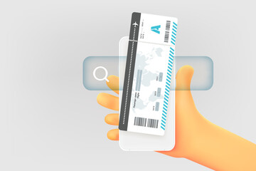 Poster - Man holding mobile phone and searching ticket to air travel. 3d vector illustration
