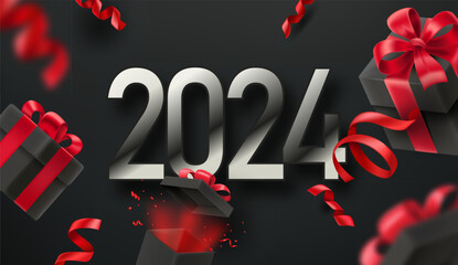 Aufkleber - Happy new 2024 year card with red ribbons and gift boxes