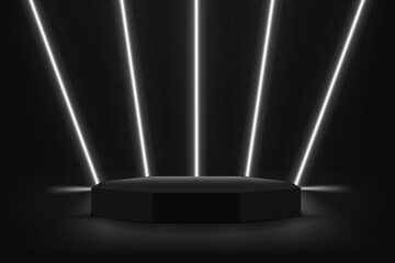 Aufkleber - Empty room with neon lights and podium. Product advertising mockup. 3d vector illustration