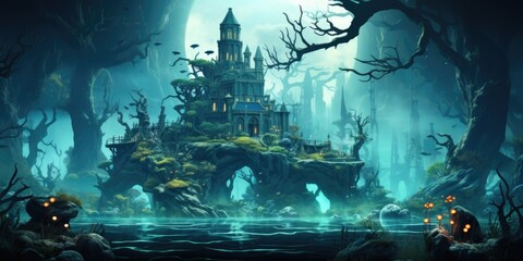 Wall Mural - An animated scene with a castle in the forest, AI