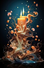 Wall Mural - A candle is surrounded by swirls and flowers, AI