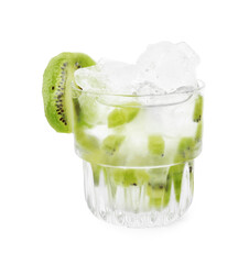 Glass of refreshing drink with kiwi isolated on white