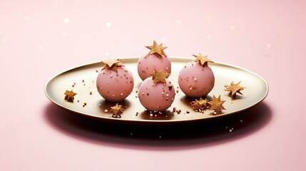 Poster -  a plate with three pink decorated eggs on top of it.  generative ai