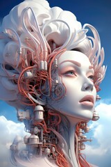 Canvas Print - A woman with a robot head and a lot of wires, AI