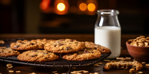 fresh baked oatmeal cookies on baking rack, milk and oats in background	