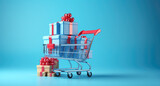 Fototapeta  - shopping cart with  blue gift boxes,red ribbons bow, blue background with copy space 