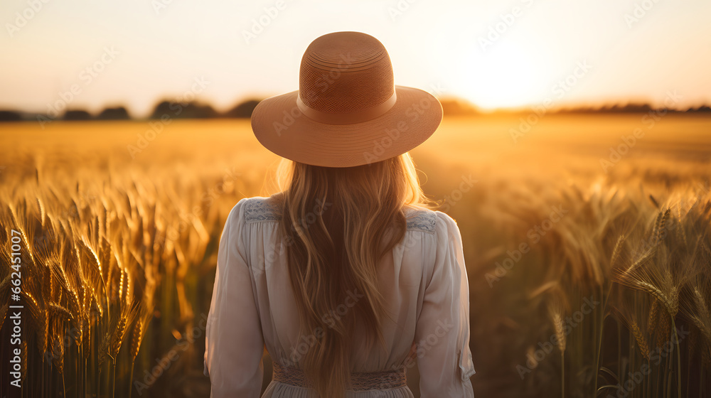 Portrait of a female farmer wearing overalls and a straw hat, standing ...