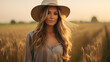 © Design Council - Portrait of a female farmer wearing overalls and a straw hat, standing in the middle of a green wheat field during sunrise Agriculture