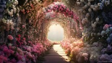  A Tunnel Of Flowers With The Sun Shining Through The Tunnel.  Generative Ai