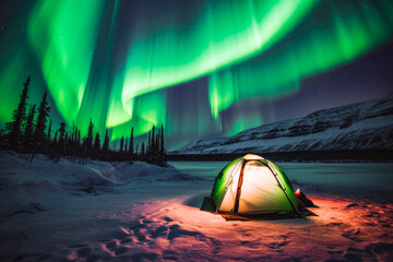 Canvas Print - Tent camping below aurora borealis. Campsite in nature with northern lights in the night sky. Campers on campground on vacation by lake.