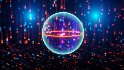 Quantum qubit in superposition state, bloch sphere, visualisation of concept of quantum coputing, illustration, 3D rendering, animation