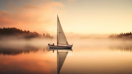 Poster -  a sailboat floating on a lake with a forest in the background.  generative ai