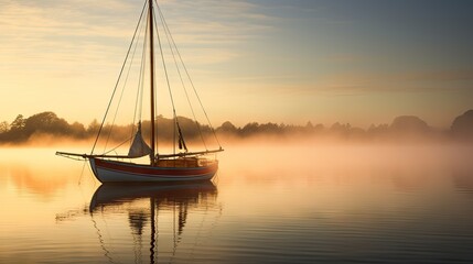 Sticker -  a sailboat floating on a lake at sunset with fog.  generative ai