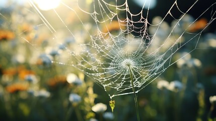 Wall Mural -  a spider web with dew drops on it in a field of flowers.  generative ai
