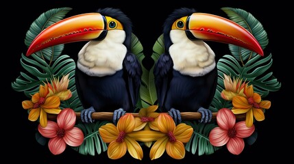 Canvas Print -  a toucan bird sitting on a branch surrounded by tropical flowers.  generative ai