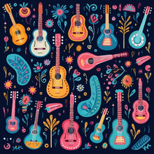 Folk Instruments Quirky Doodle Pattern, Background, Cartoon, Vector, Whimsical Illustration