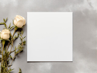 Blank white square card mockup rests on a gray marble background partially covered by three white roses with green leaves and stems on the left side.