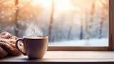 Fototapeta  - Steaming mug of hot cocoa on a wooden windowsill with a snowy landscape beyond