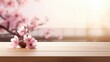 © masyastadnikova - Empty Wooden surface for presentation with SPA salon and sakura background, mockup, Space for presentation product