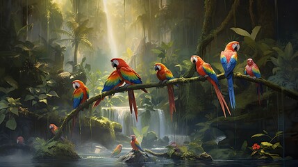 Sticker -  a group of colorful birds perched on a branch in a jungle.  generative ai