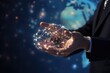 Man holding a global network concept in his hands. 3D rendering, Close up of businessman hands touching global network concept. 3D rendering, AI Generated
