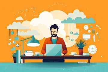 Canvas Print - Flat design modern vector illustration concept of working at home, remote office, freelance, Casual entrepreneur desktop sitting at work, AI Generated