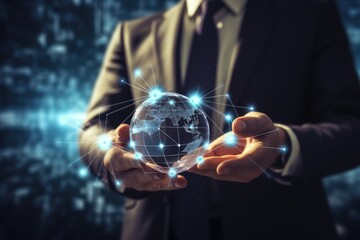 Canvas Print - Businessman holding a glowing earth globe in his hands. 3D rendering, Close up of businessman hands touching global network concept. 3D rendering, AI Generated