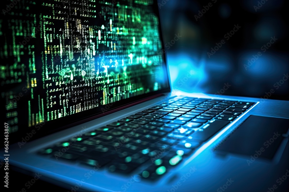 Close up of laptop with binary code on screen. 3D rendering, Coding ...