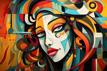 Sticker - Abstract colorful illustration of the face of a beautiful woman on a colorful background, Colorful illustration of cubism style, hand drawn & artistic, AI Generated