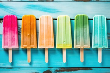 Poster - Colorful popsicles on blue wooden background - vintage effect style pictures, colorful popsicle ice cream on turquoise wooden background, AI Generated