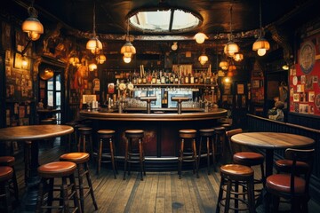 Sticker - Interior of a pub with wooden tables and chairs. Toned, Concept of pub culture and drinking, AI Generated