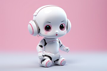 Wall Mural - 3D rendering of a cute robot with headphones sitting on a pink background, cute white System Artificial intelligence Chat Bot AI, AI Generated