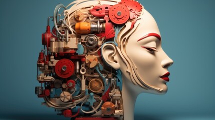 Poster - A woman's head is made up of gears and other machinery, AI