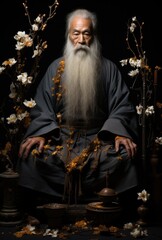 Wall Mural - An old man with long white beard sitting on a chair surrounded by flowers, AI