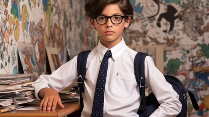 Canvas Print - A boy wearing glasses and a tie sitting in front of a desk, AI