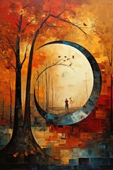 Wall Mural - A painting of a man and woman walking through an autumn landscape, AI