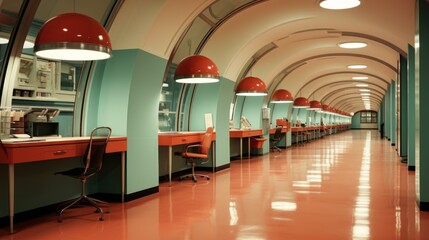 Canvas Print - A long hallway with a lot of desks and lights, AI