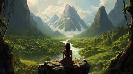 Wall Mural -  a painting of a woman sitting on a rock looking at a valley.  generative ai