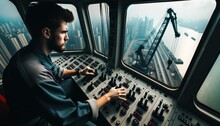 Photo Capturing The Intense Concentration Of A Crane Operator As He Maneuvers Levers Inside The Control Cabin.