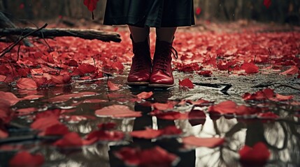 Poster -  a person standing on a puddle of water with red petals.  generative ai