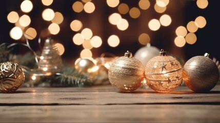 Christmas baubles on a wooden table with fairy lights