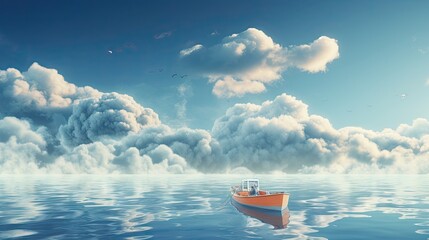 Sticker -  a painting of a boat floating in the ocean under a cloudy sky.  generative ai