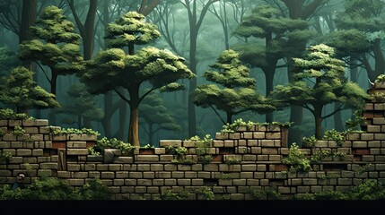 Canvas Print -  a painting of a forest with a brick wall and trees.  generative ai